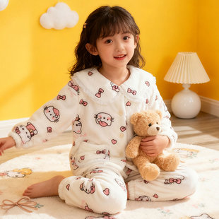 hellokitty女童睡衣法兰绒儿童加厚家居服珊瑚绒保暖冬款加绒套装