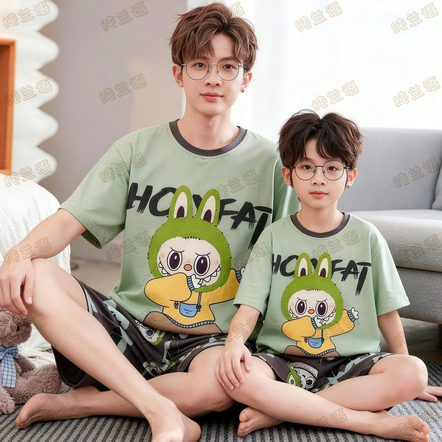 亲子睡衣夏季男童青少年纯棉短袖