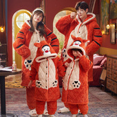 加绒加厚三层夹棉四口珊瑚绒儿童睡袍套装 亲子睡衣一家三口装 冬季