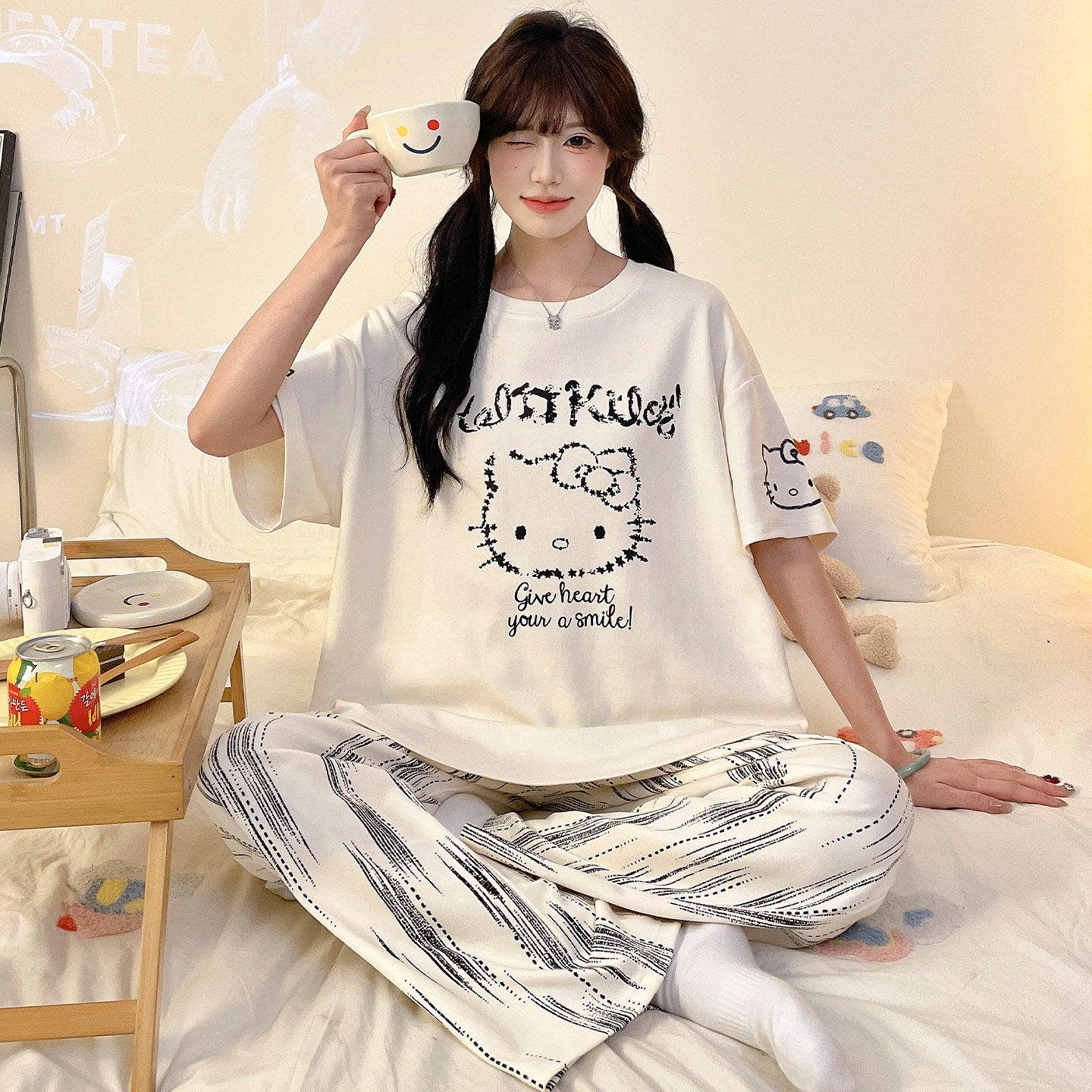 纯棉睡衣女款卡通猫咪短袖长裤