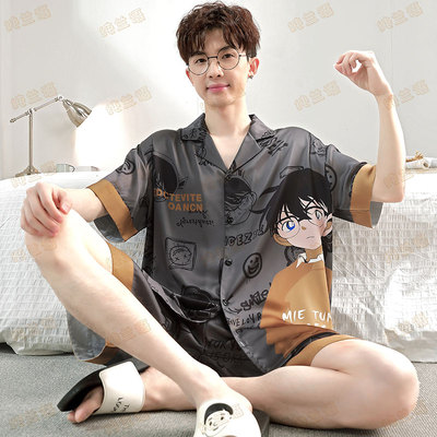 夏季男士睡衣卡通冰丝绸短袖薄款
