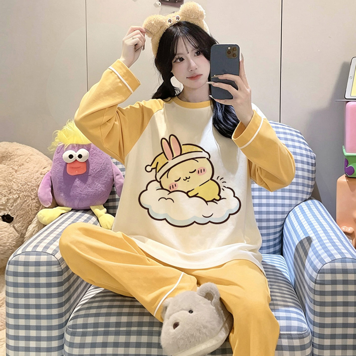 女春秋款纯棉长袖卡通初中生睡衣