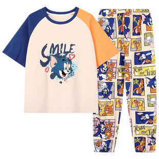 儿童睡衣女童纯棉短袖长裤夏季女孩中大童卡通猫和老鼠家居服套装
