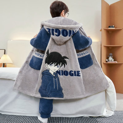 珊瑚绒男童保暖冬装大童柯南睡袍