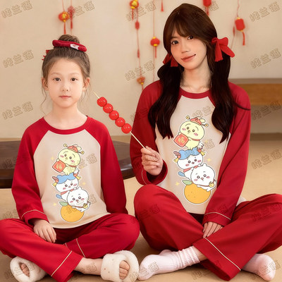 秋季长袖纯棉母女奇奇红色家居服