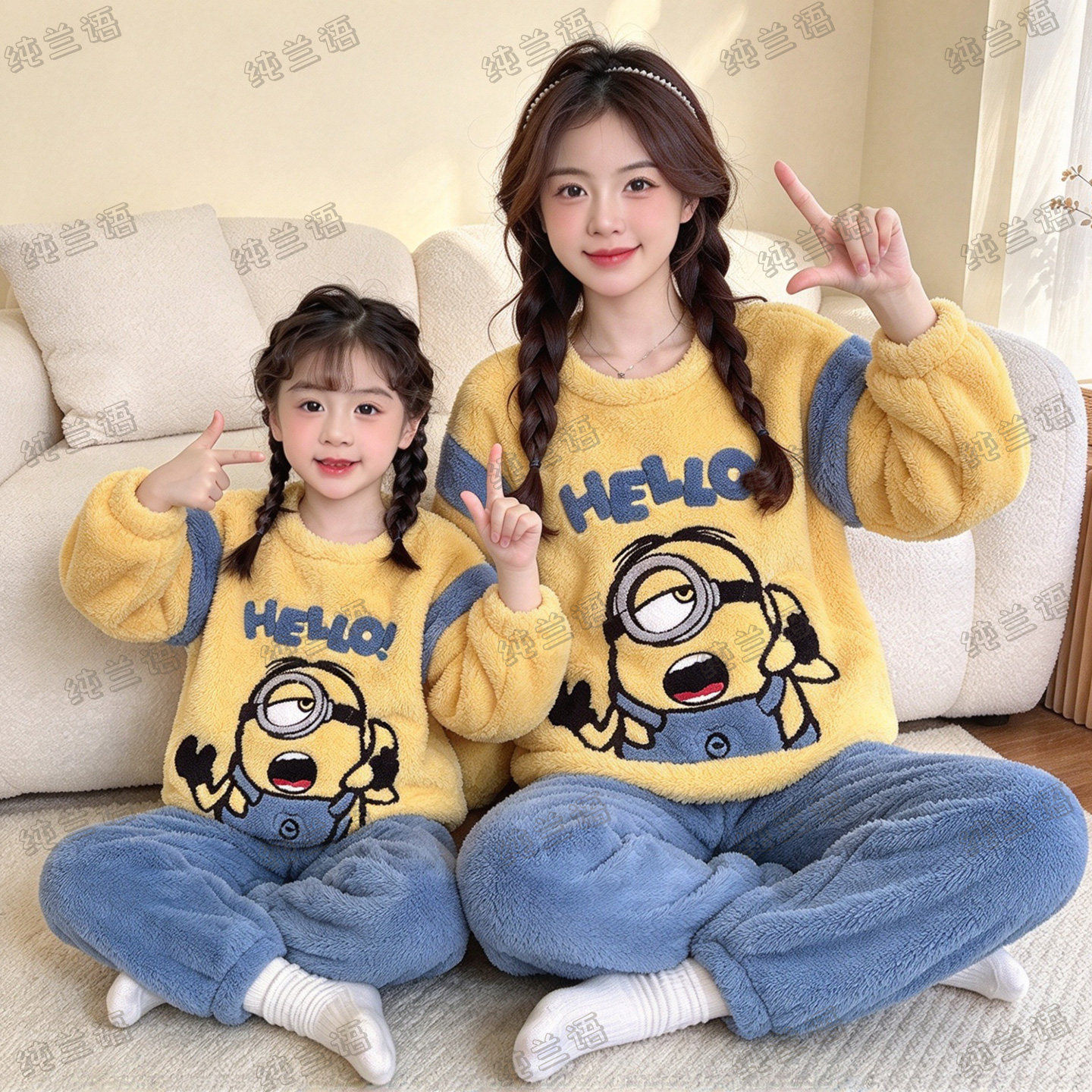 卡通儿童珊瑚绒睡衣秋冬季加绒加厚保暖亲子母女装家居服新款套装