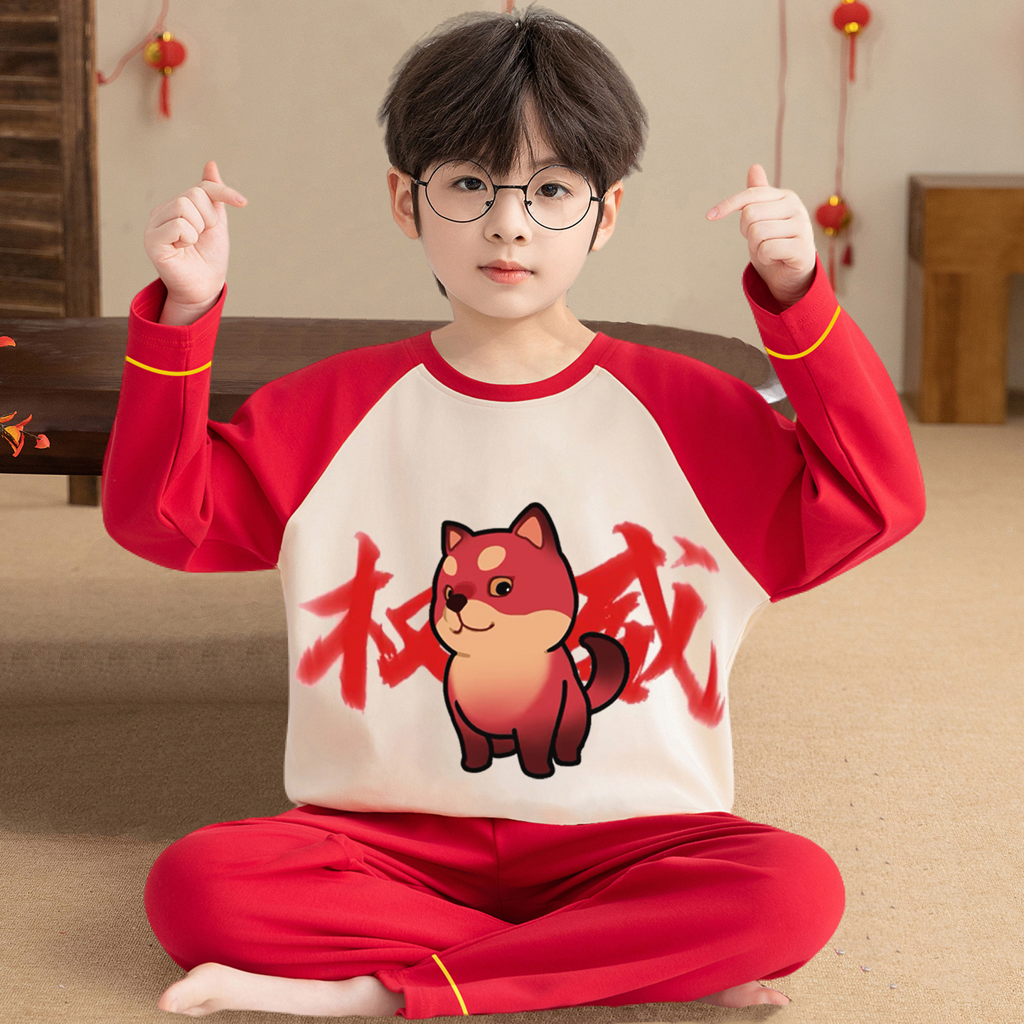 儿童睡衣春秋纯棉红色本命家居服