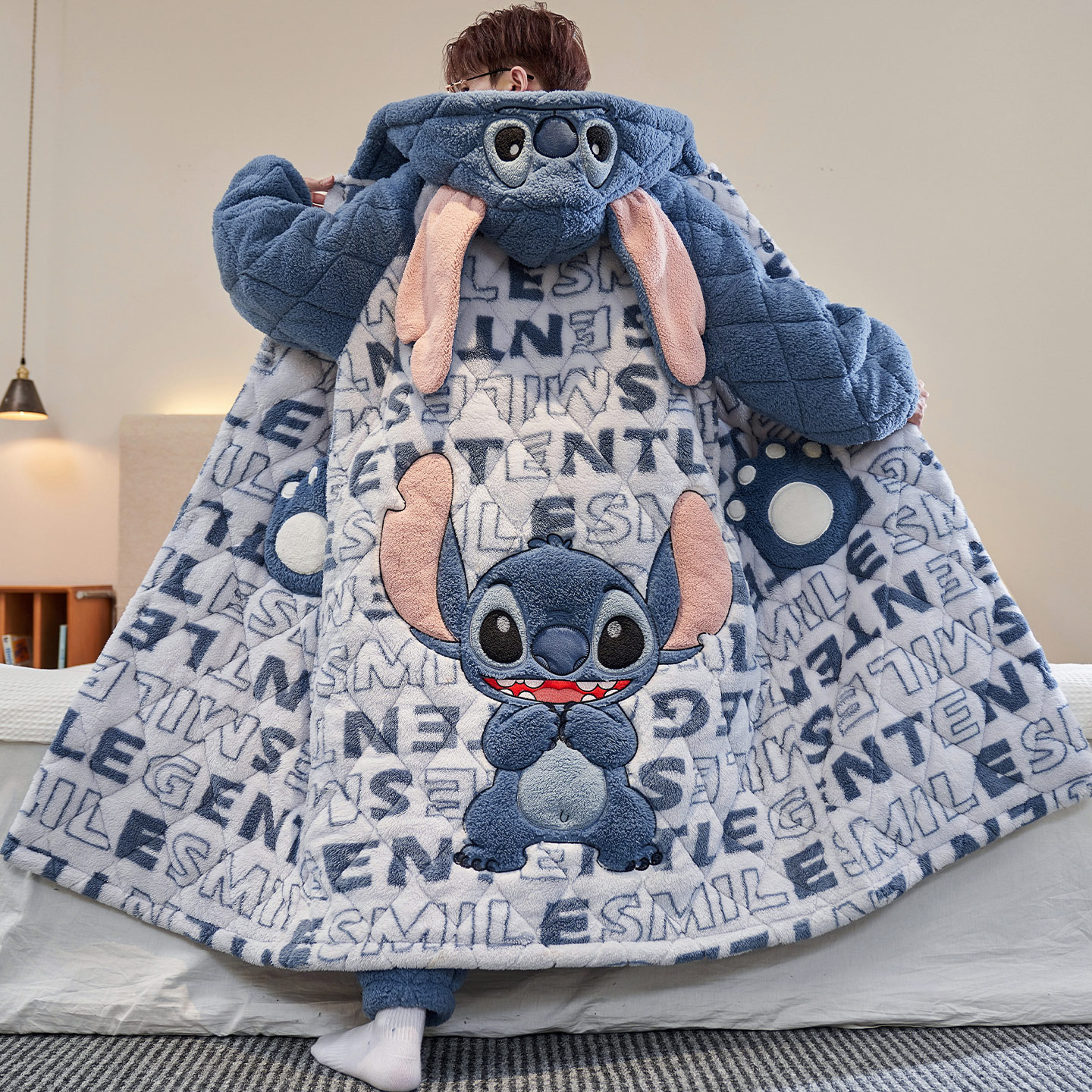 男款冬季加厚三层夹棉睡袍史迪仔