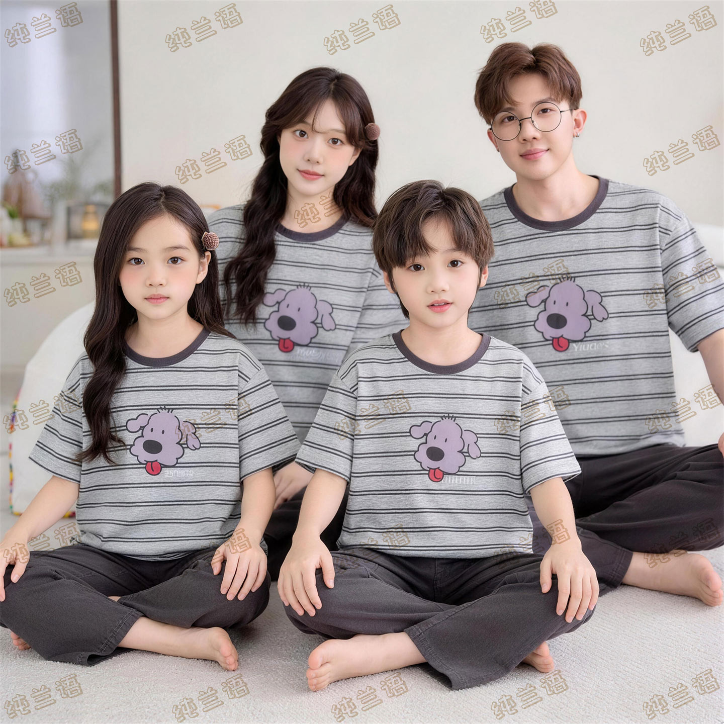 亲子装夏季短袖纯棉薄款条纹睡衣
