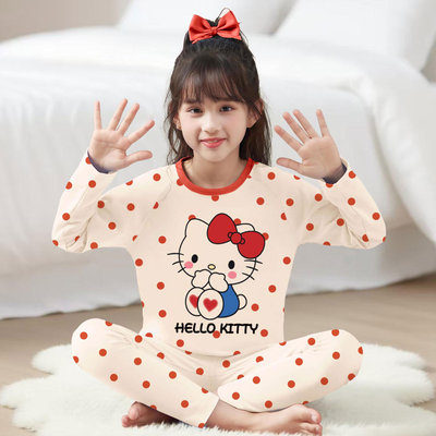 女童凯蒂猫秋冬德绒保暖睡衣套装
