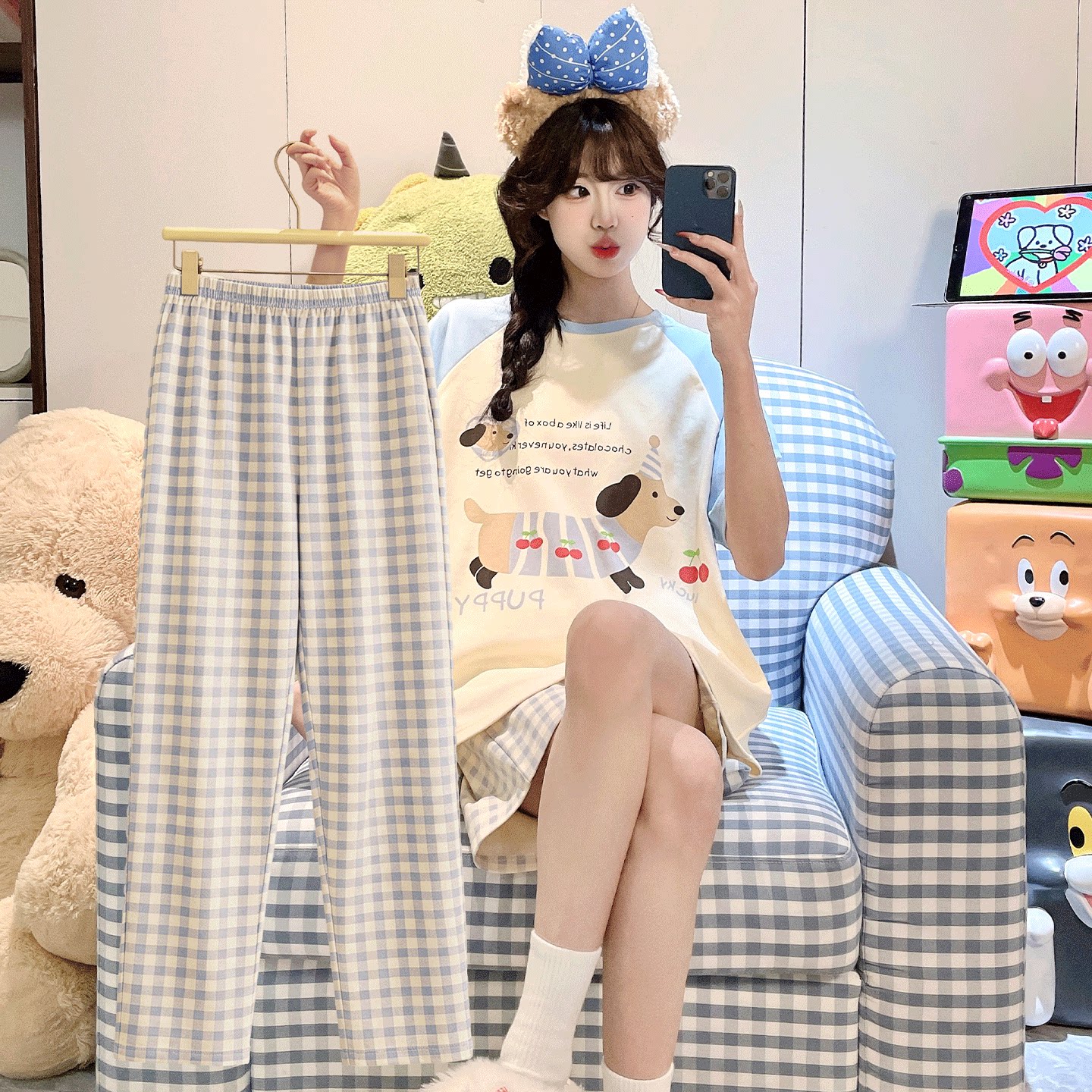 纯棉女款夏季短袖学生腊肠狗睡衣