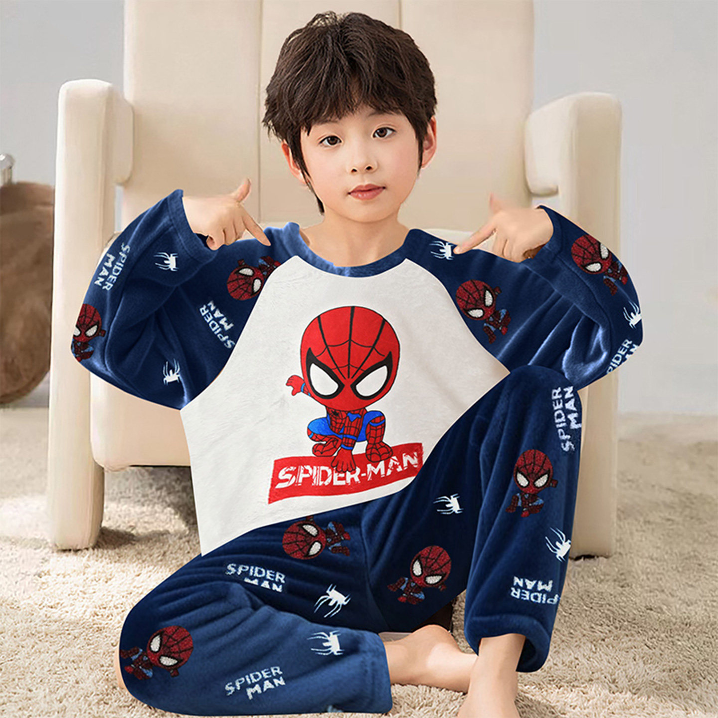 秋冬法兰绒加厚蜘蛛侠男童家居服