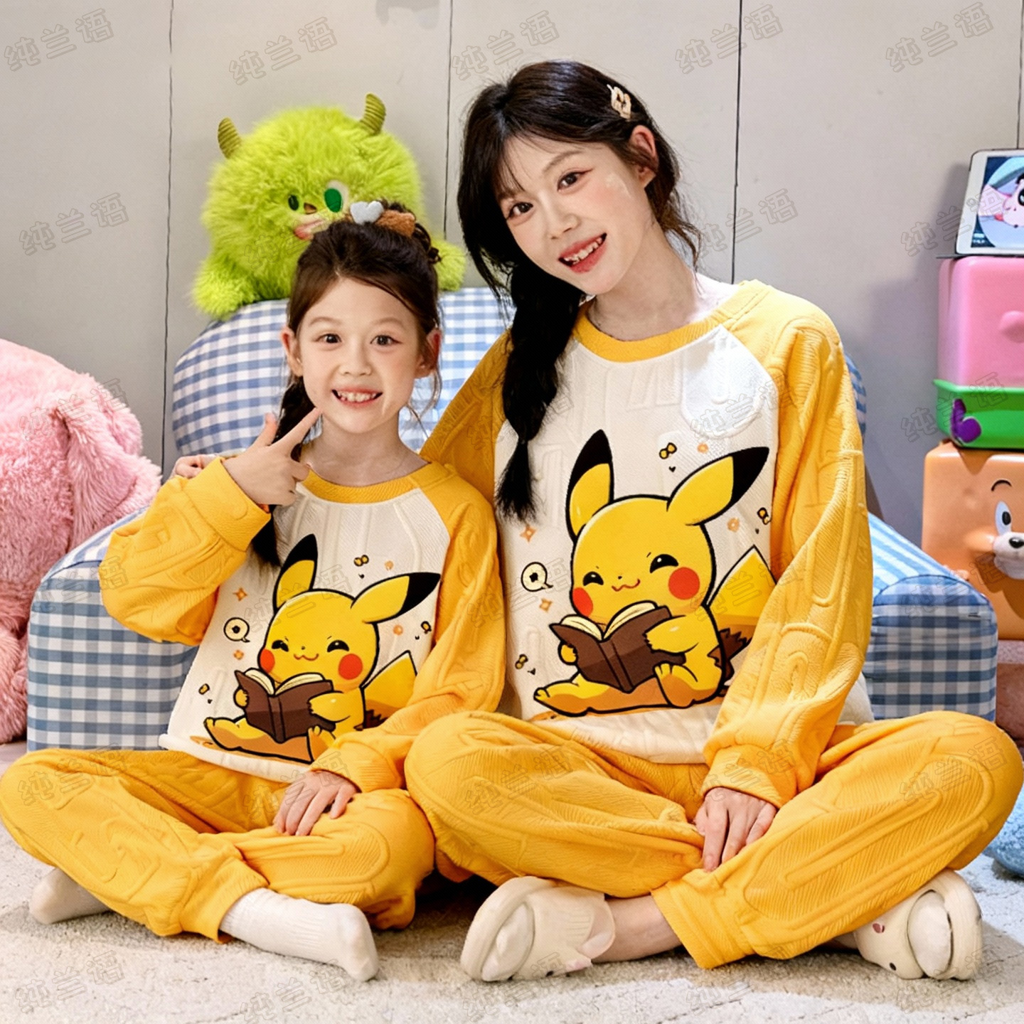 夹层棉秋冬加厚母女皮卡丘家居服