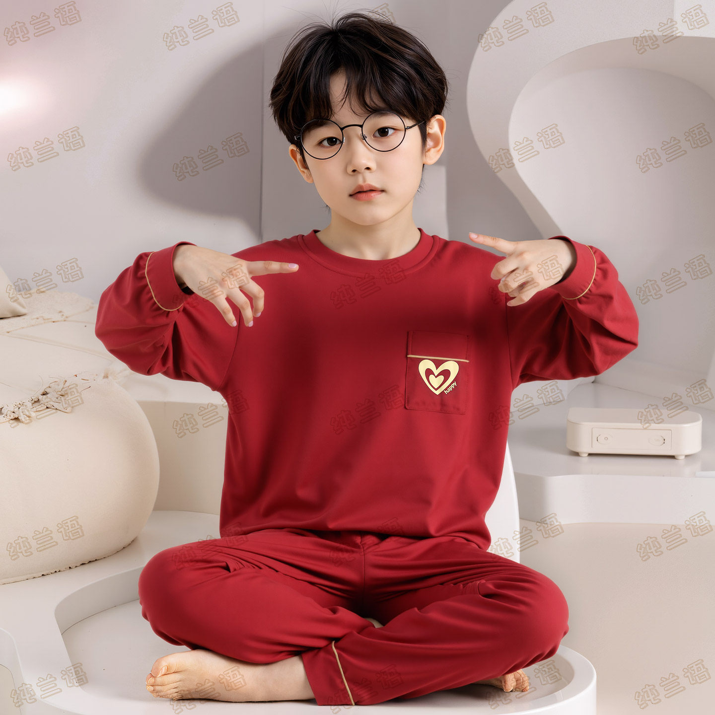 男童纯棉睡衣春秋红色家居服套装
