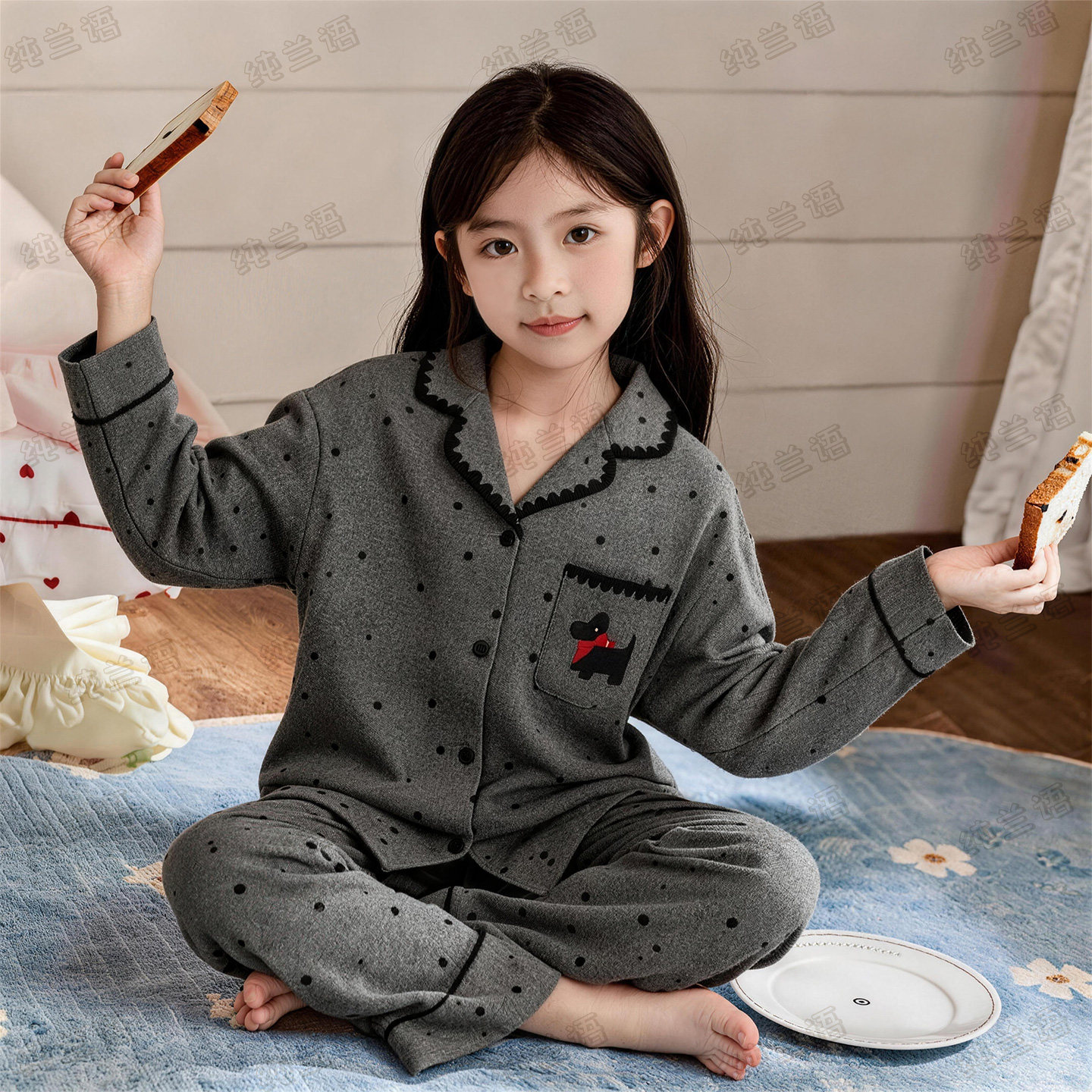 秋季纯棉长袖卡通女童睡衣可外穿