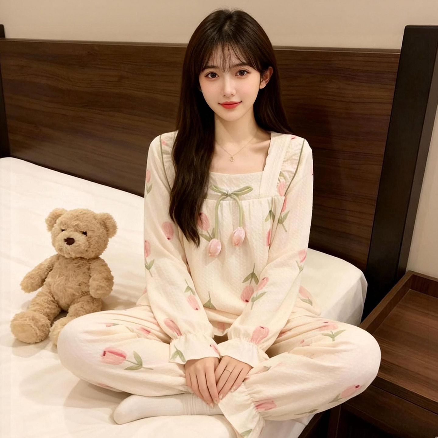 带胸垫母女春秋季长袖纯棉家居服