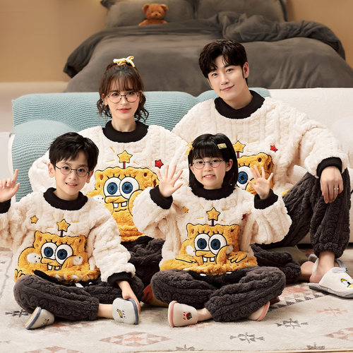 亲子睡衣秋冬珊瑚绒一家三口套装