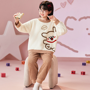 半边绒儿童睡衣秋冬季毛茸茸加绒加厚保暖套装女童线条小狗家居服