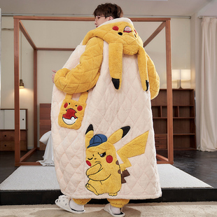 睡衣男款冬季三层夹棉加绒加厚浴袍中大童卡通皮卡丘连帽睡袍套装