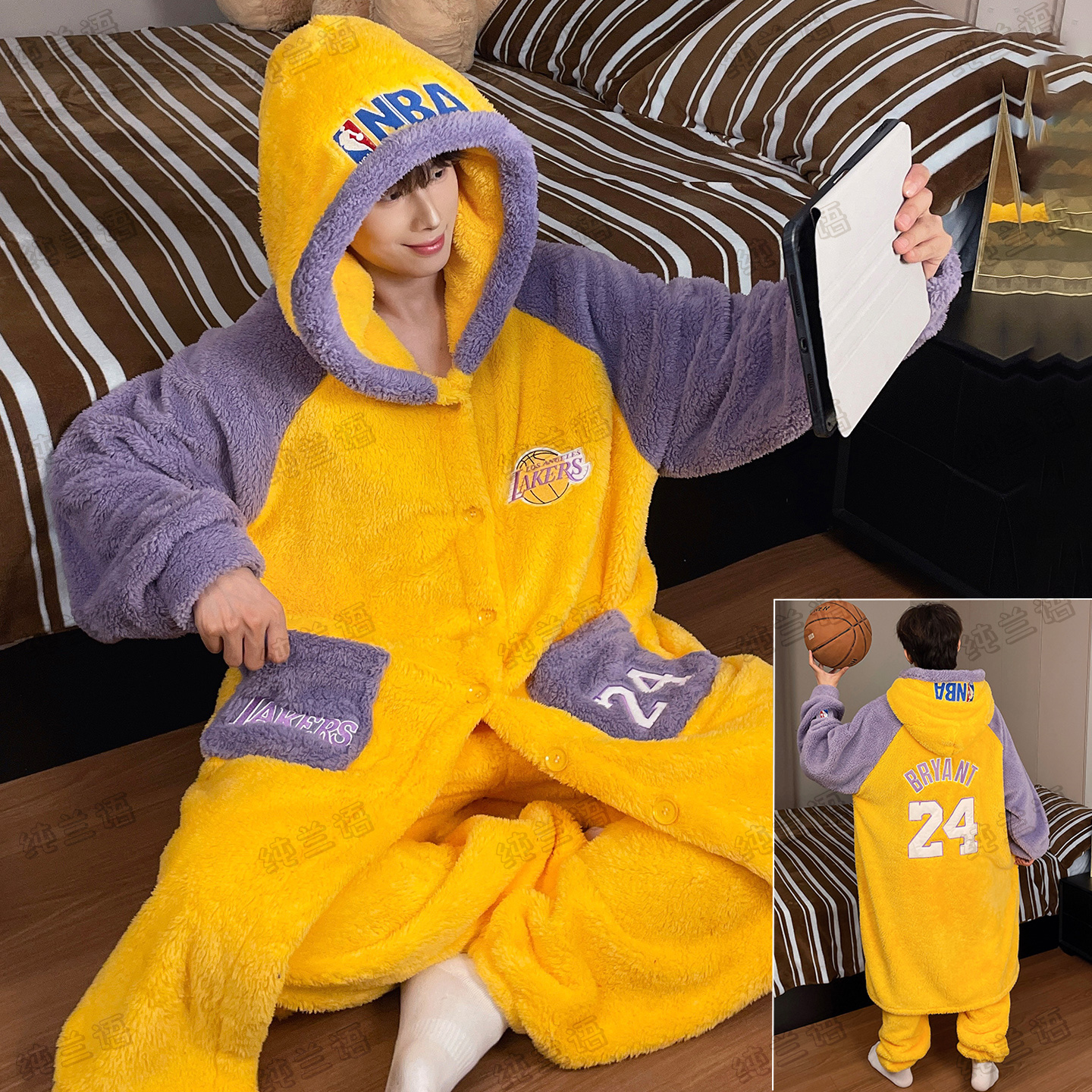 男款冬季珊瑚绒加厚科比睡袍套装