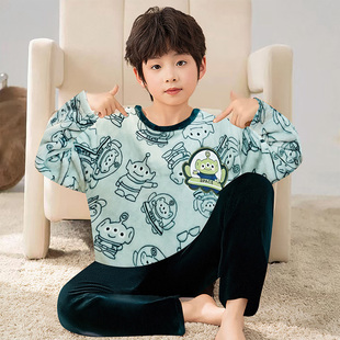 三眼仔儿童睡衣男童秋冬季珊瑚绒加绒加厚男孩中大童法兰绒家居服