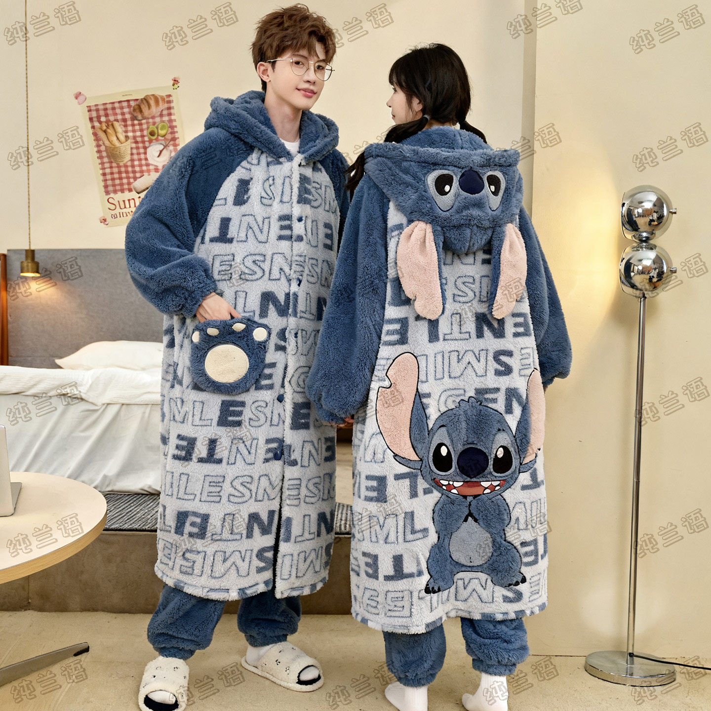 2025新款史迪仔情侣睡衣秋冬季珊瑚绒加厚加绒男女款睡袍套装外穿,女士内衣/男士内衣/家居服,睡袍/浴袍,淘宝优惠券,粉丝福利购,淘宝优惠卷