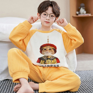 儿童睡衣男孩秋冬季空气棉加厚新款男童中大童搞笑皇帝猫咪家居服