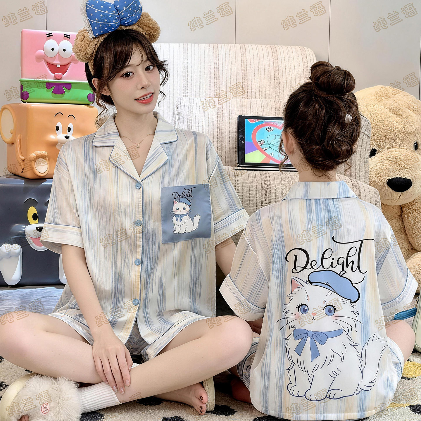 母女冰丝短袖夏季中大童猫咪睡衣