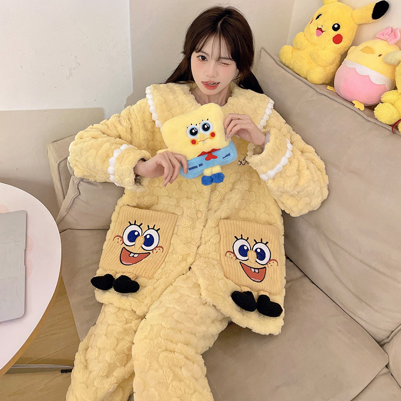 珊瑚绒睡衣女冬季海绵宝宝家居服