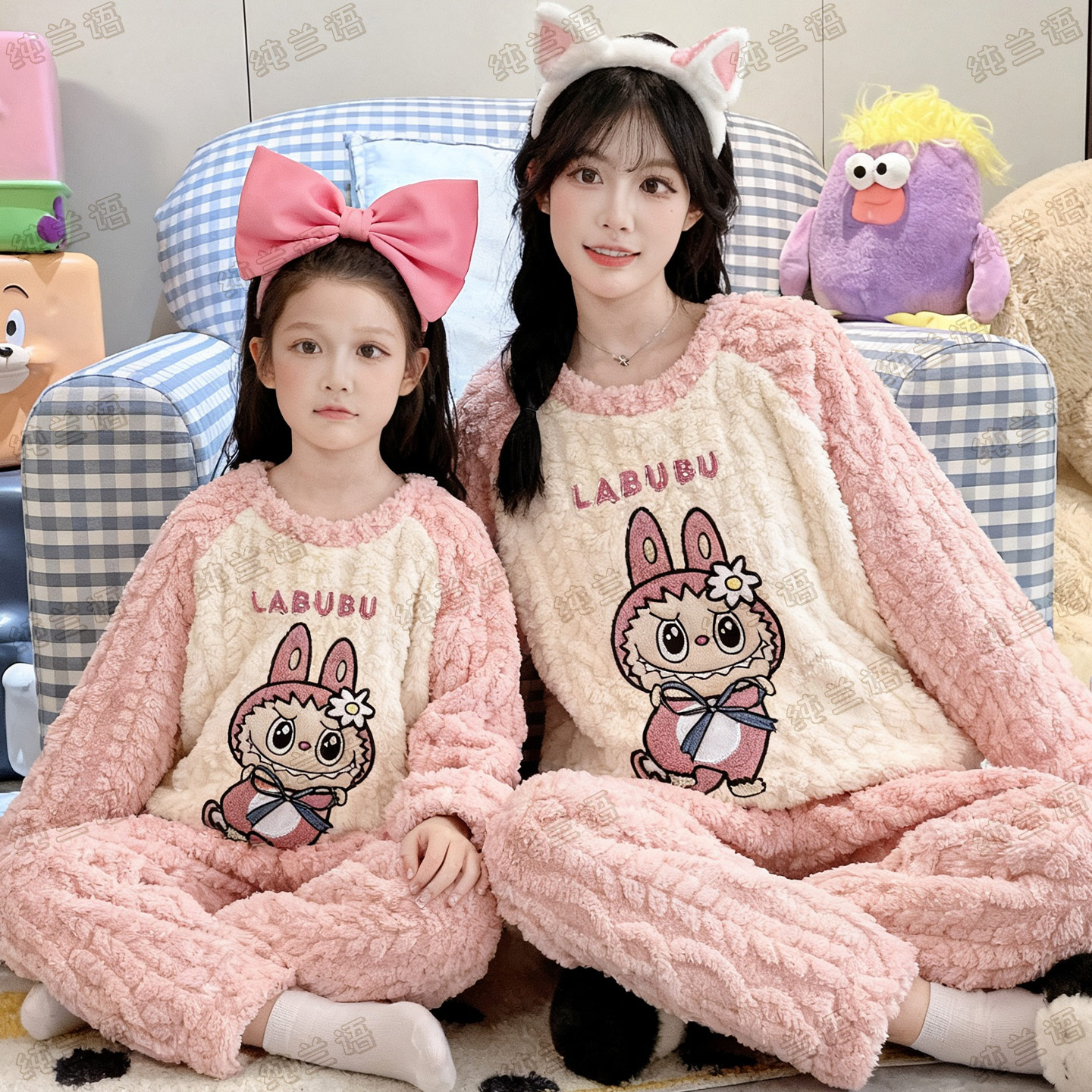 冬季珊瑚绒加厚母女拉布布家居服