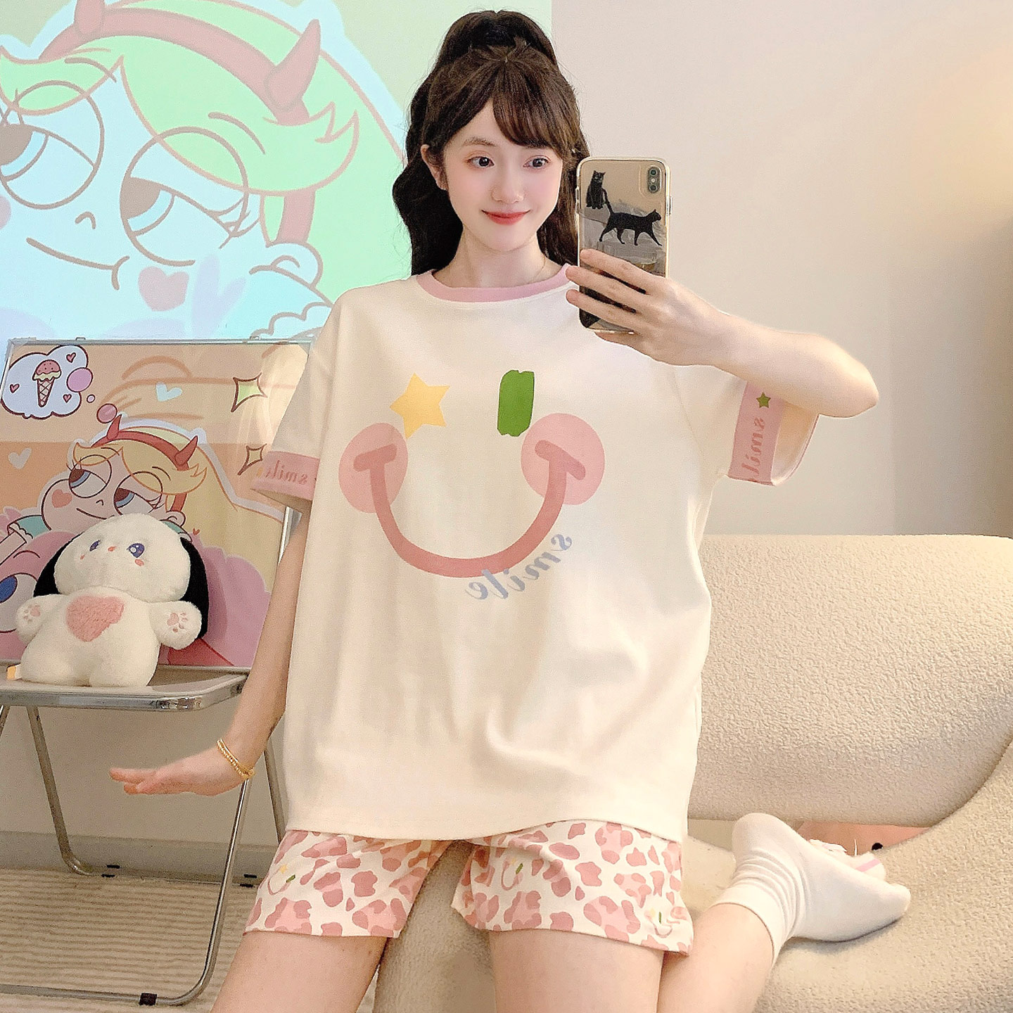 纯棉少女夏季短袖笑脸大码家居服