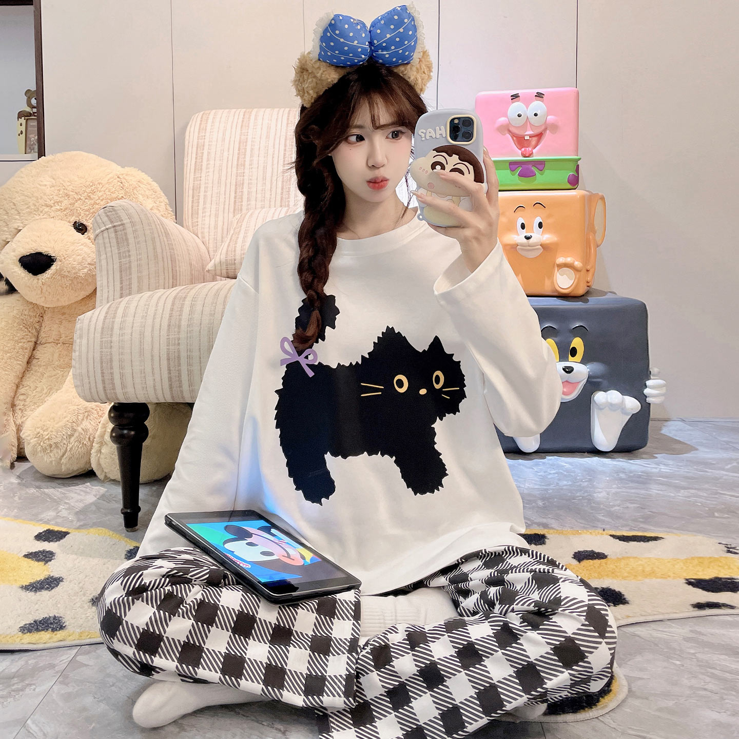 春秋季女款长袖纯棉可爱女生睡衣
