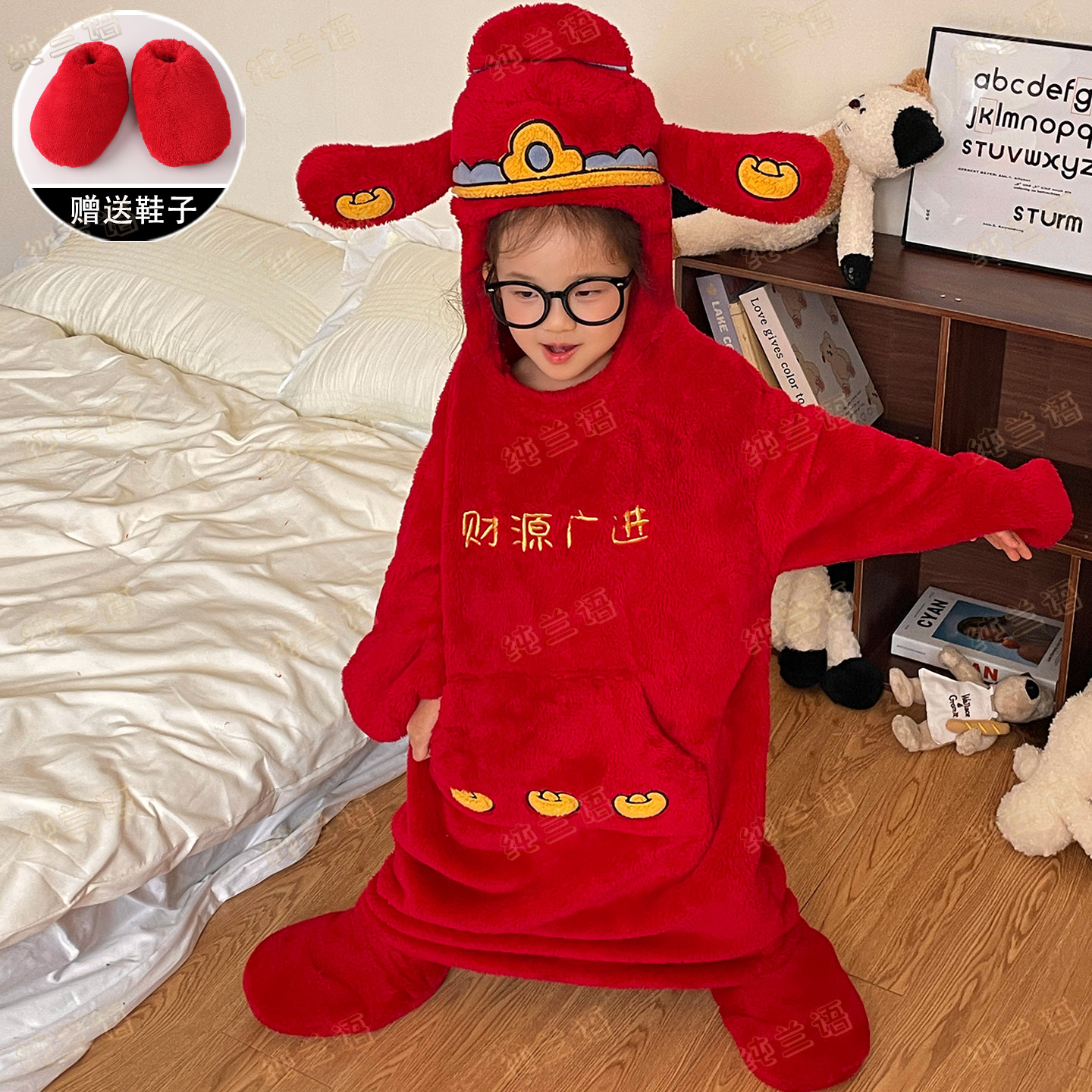 女童珊瑚绒睡袋冬装红色财神睡裙