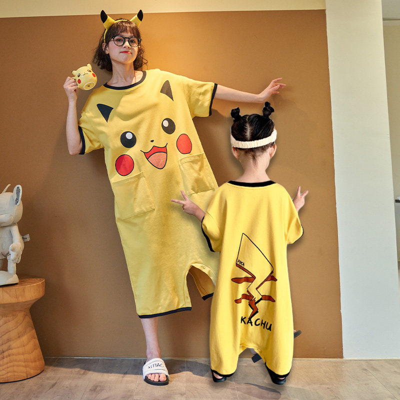 夏季儿童连体睡衣护肚短袖纯棉女童薄款母女中大童装家居服睡裙裤