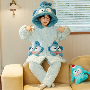 儿童睡衣冬季三层夹棉加厚款小丑鱼男童法兰绒中大童连帽睡袍套装