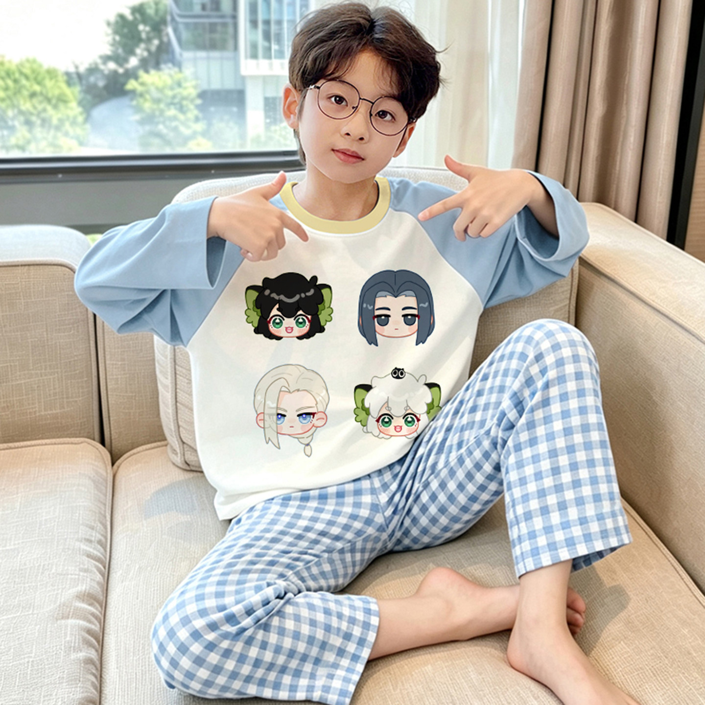 春秋季纯棉长袖男孩中大童家居服