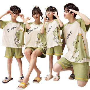 亲子睡衣一家三口装夏季纯棉短袖母子母女全家庭卡通套装恐龙薄款