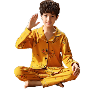 青少年睡衣男孩子秋季纯棉长袖长裤开衫家居服初中生夏天薄款套装