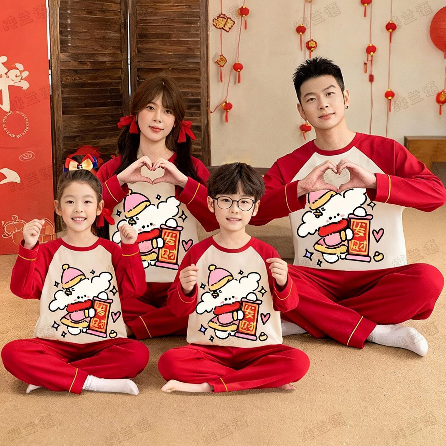 线条小狗亲子春秋季长袖纯棉睡衣