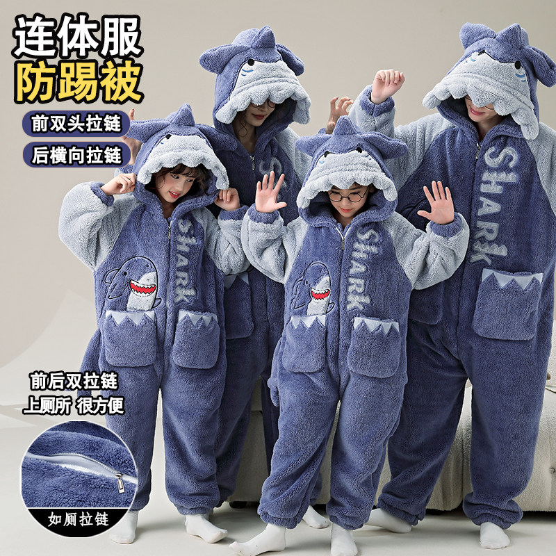 连体亲子睡衣一家装冬珊瑚绒鲨鱼