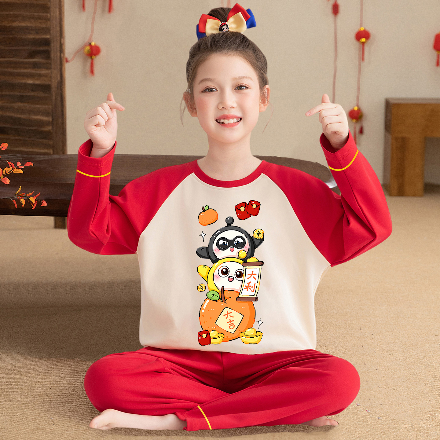 女童红色纯棉睡衣春秋马年家居服