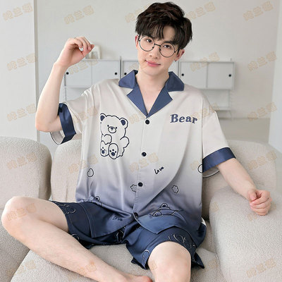 男士睡衣夏季卡通冰丝绸短袖薄款