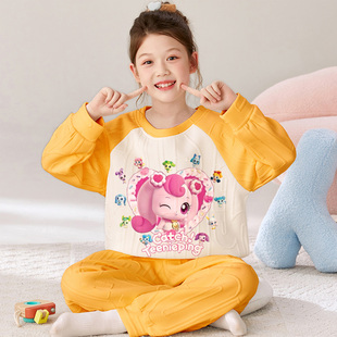 女童睡衣奇妙萌可儿童空气夹层棉秋冬季 卡通小女孩保暖家居服套装