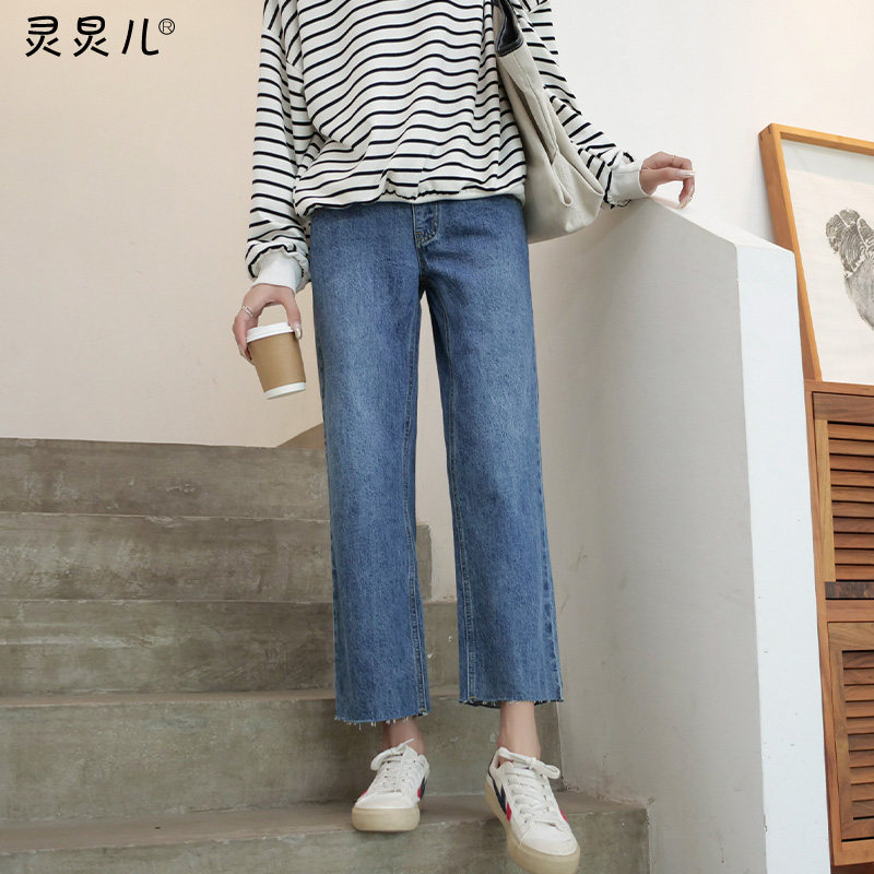 孕妇裤秋季时尚外穿孕妇牛仔裤宽松阔腿裤春秋潮妈孕期托腹打底裤