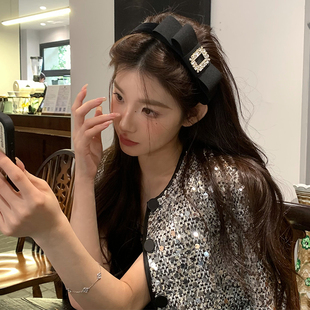 黑色双层蝴蝶结方锆发箍女富家千金水钻头箍气质小香风高颅顶头饰