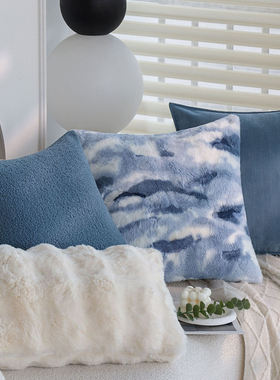 蓝色系ins风沙发抱枕套蓝色水墨印花方形靠垫可拆洗轻奢百搭条纹