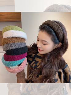 糖果色羊羔毛发箍温暖压发头箍女2023年网红新款 宽边高颅顶发卡