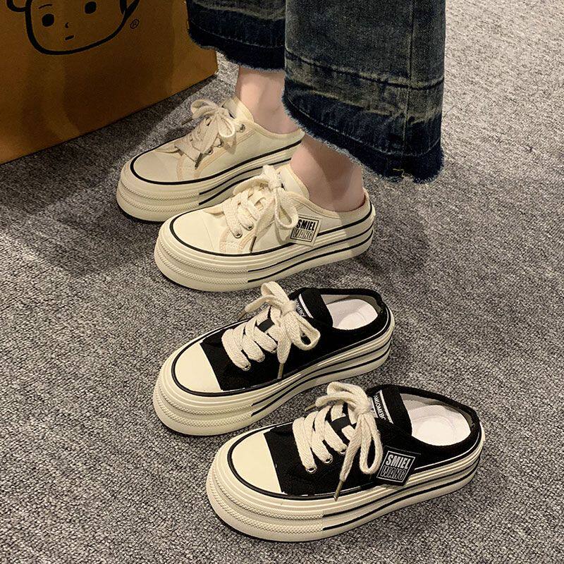 帆布半拖鞋女夏季外穿2026新款网红爆款高级感厚底增高无后跟懒人