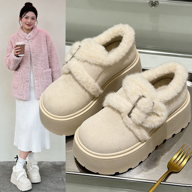 白色圆头松糕厚底加绒保暖勃肯鞋女2026冬季新款增高防滑毛毛棉鞋