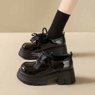 女高跟单鞋 7cm增高厚底乐福鞋 漆皮蝴蝶结小皮鞋 新款 女 女2026春季